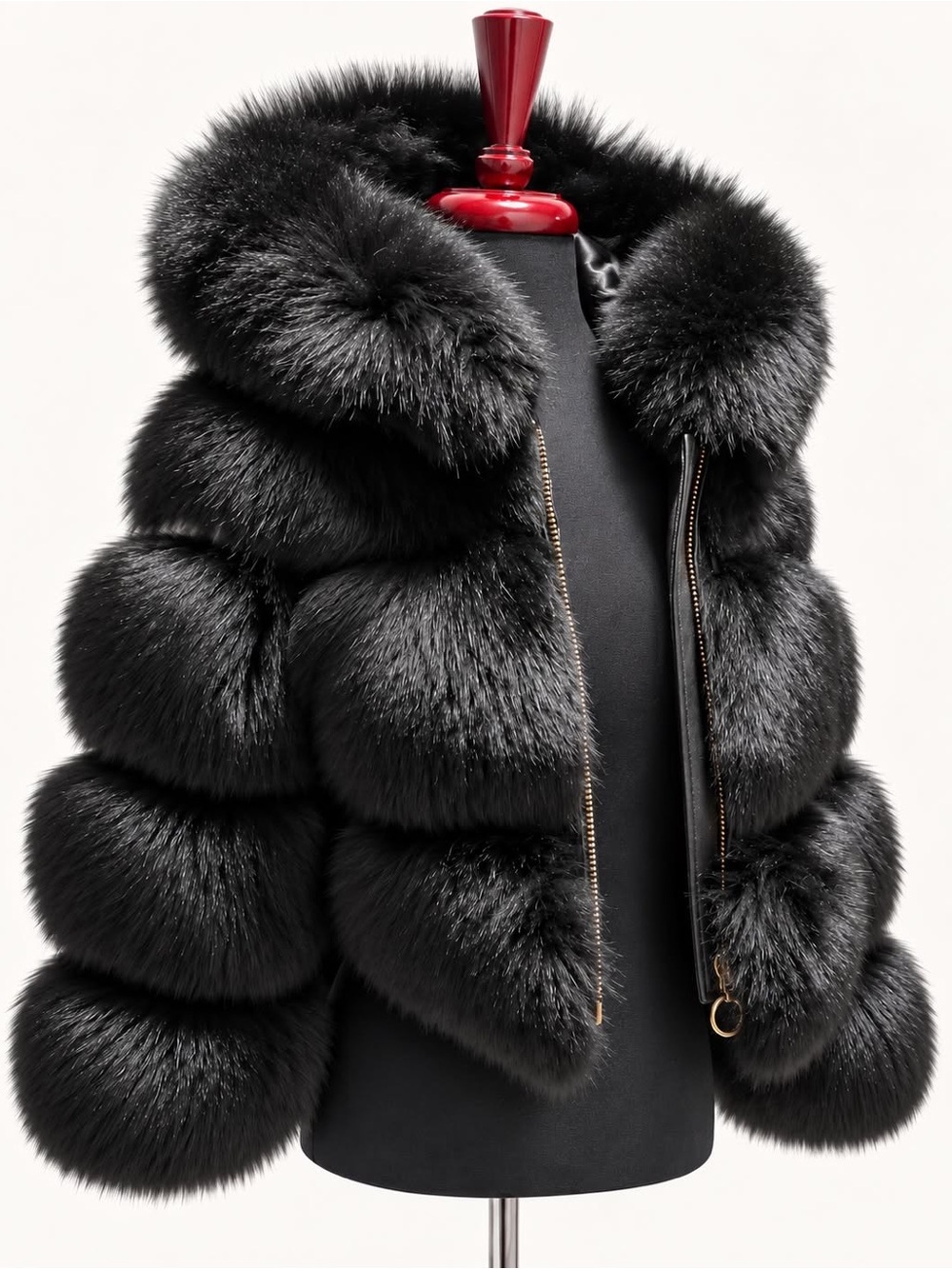 Black Genuine Fox Fur Jacket Hooded Zip Up Luxury Winter Coat Women - Picture 2 of 6